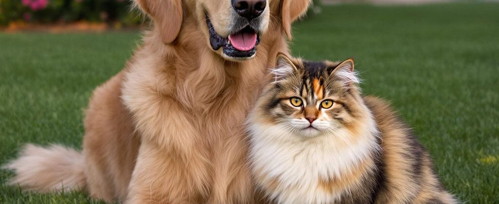 Dog and cat illuminated by soft outdoor light.