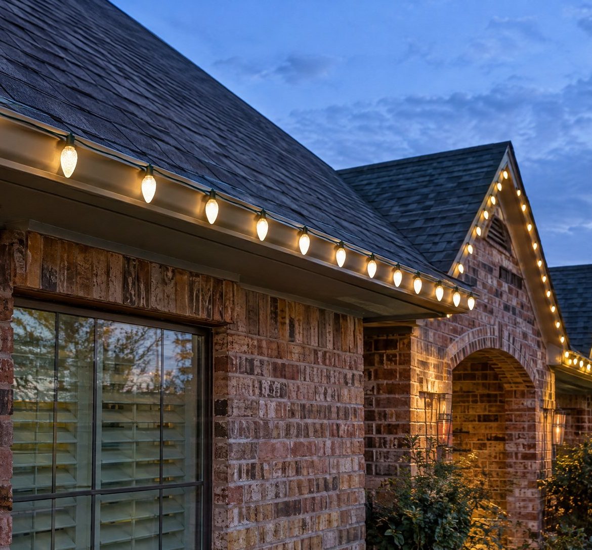 Warm white C9 Christmas bulbs evenly spaced along a brick home's roofline