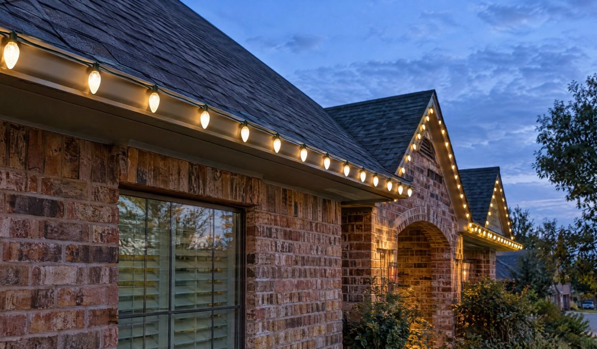 Warm white C9 Christmas bulbs evenly spaced along a brick home's roofline