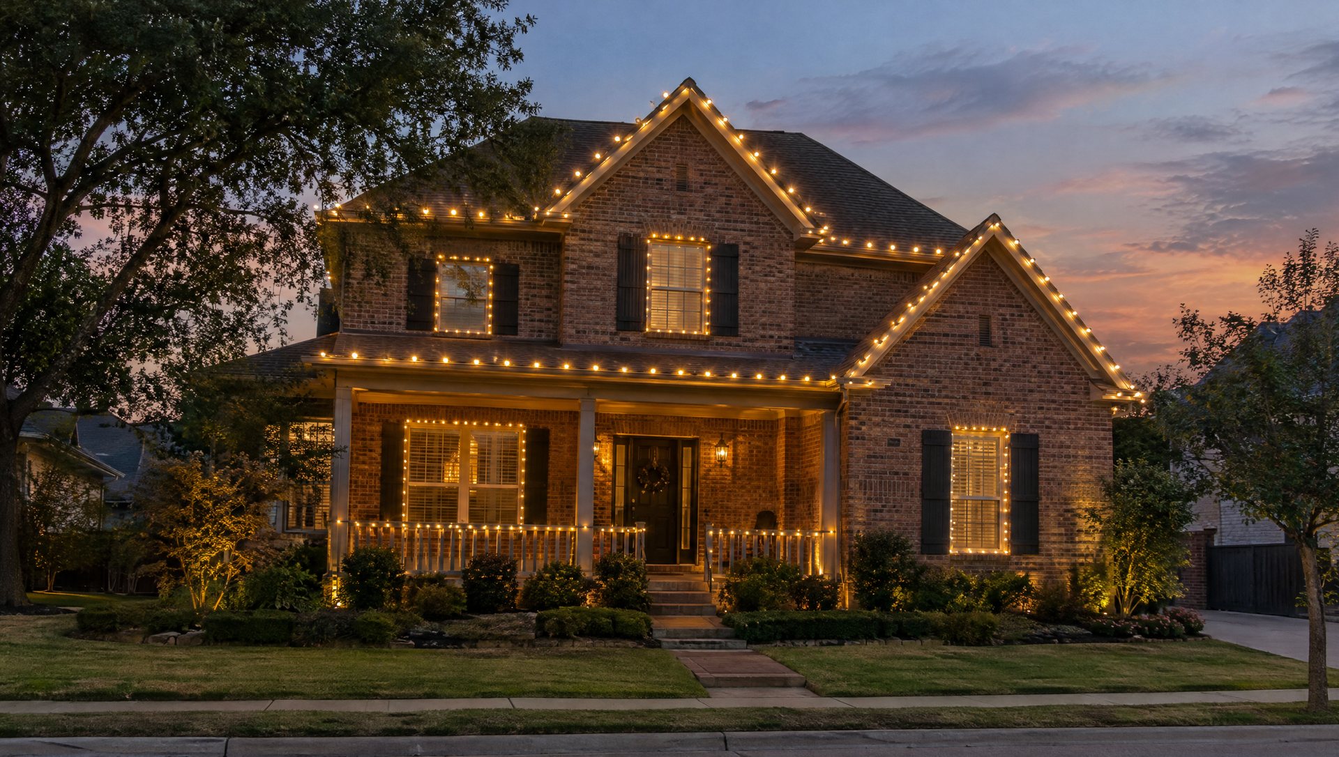 Austin home at dusk with C9 bulbs on the roofline and C7 bulbs on the porch and windows