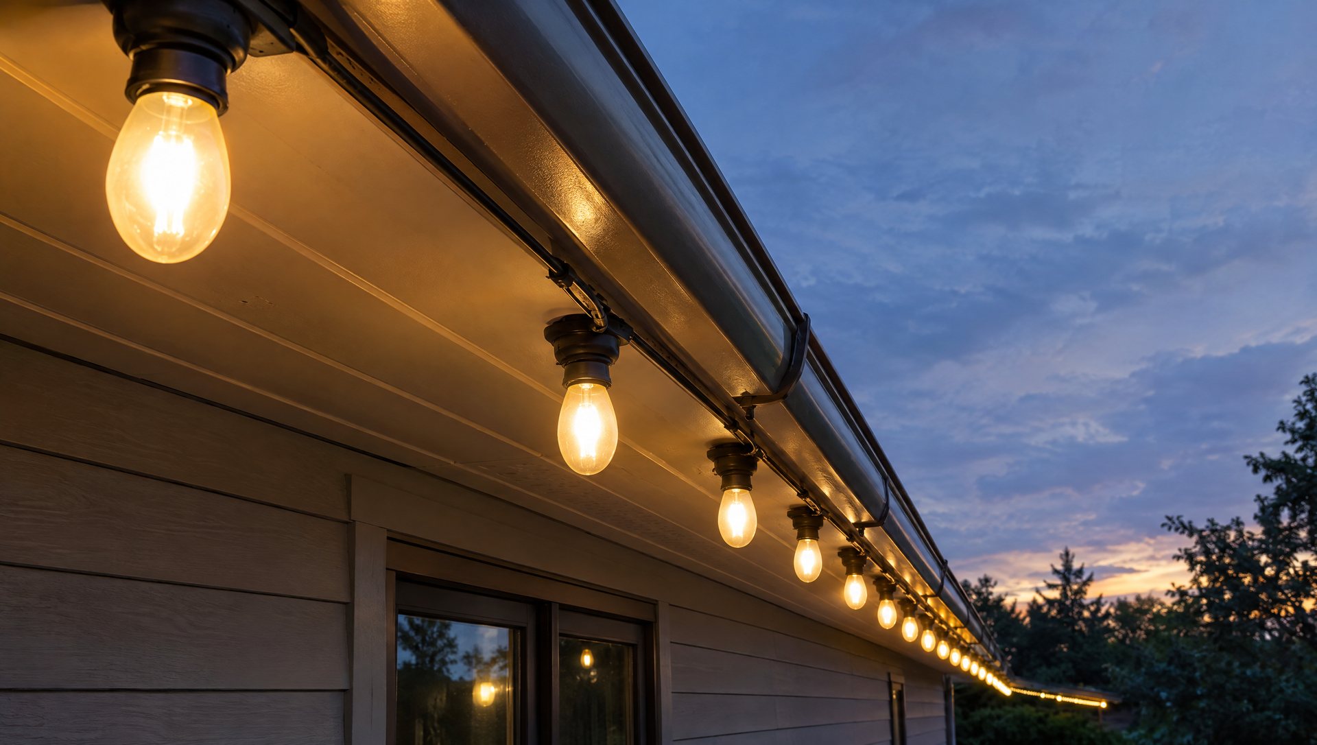 Evenly spaced C9 Christmas light bulbs along a gutter edge at dusk on an Austin roofline