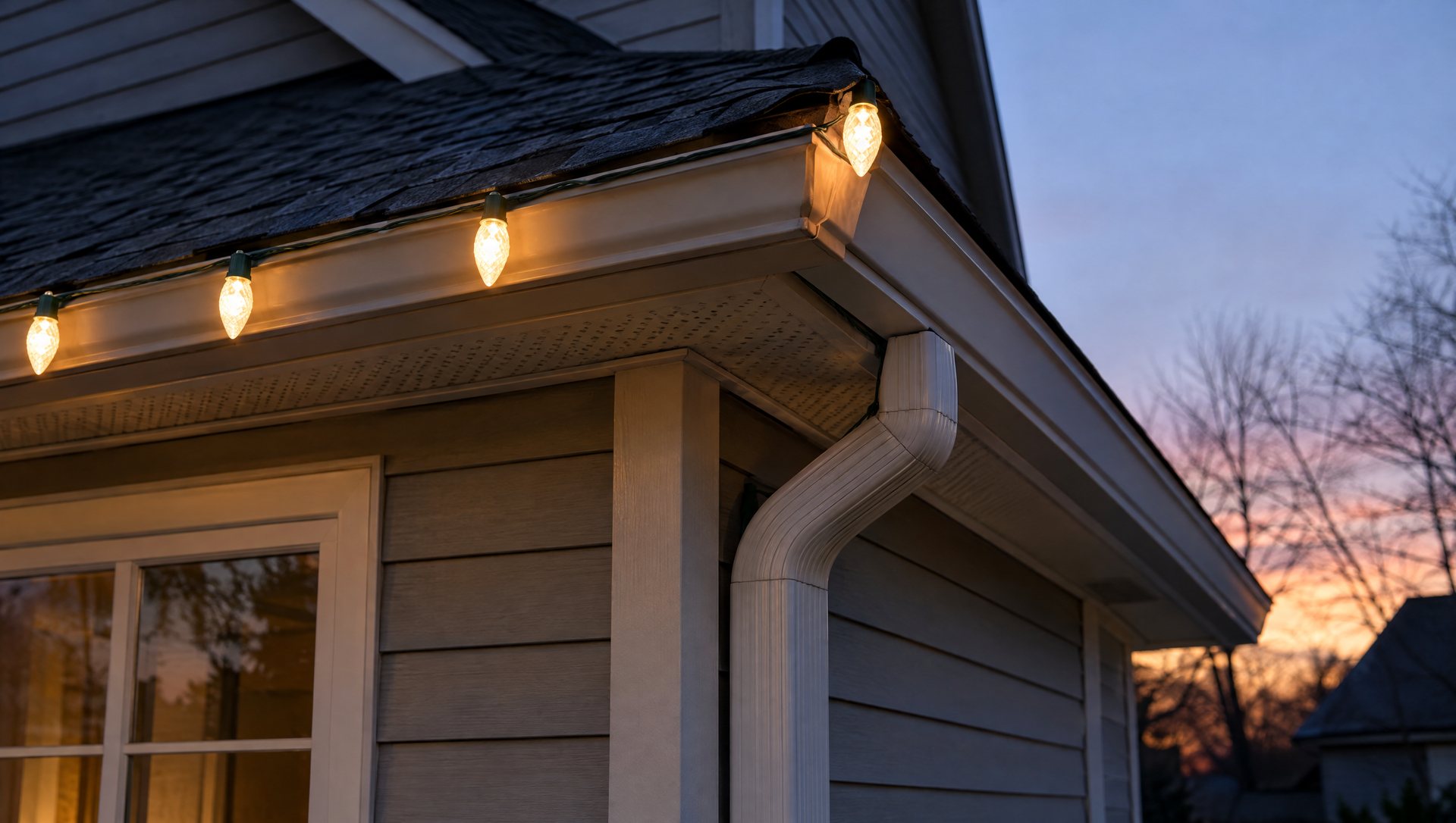 C9 roofline lights ending cleanly at a house corner with slack tucked at a downspout