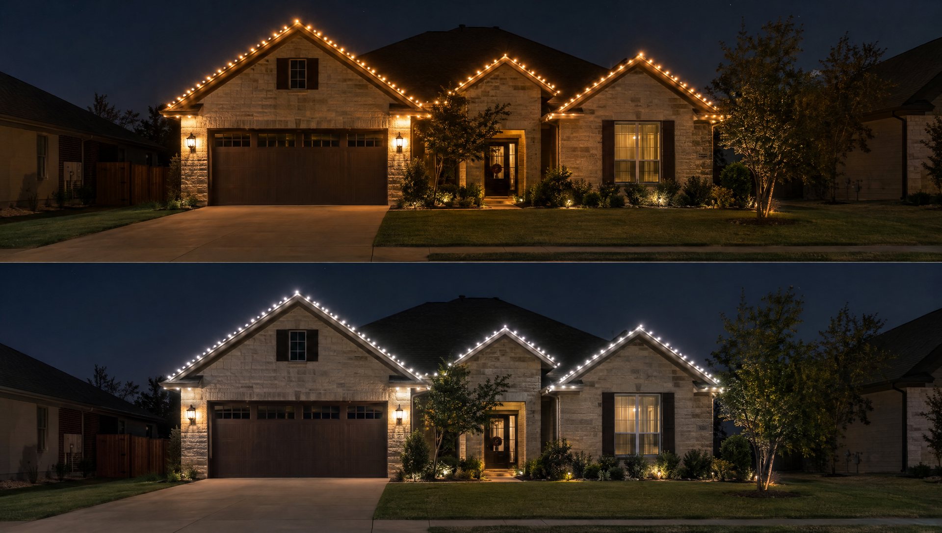 Two Austin rooflines at night comparing incandescent and LED C9 Christmas light glow