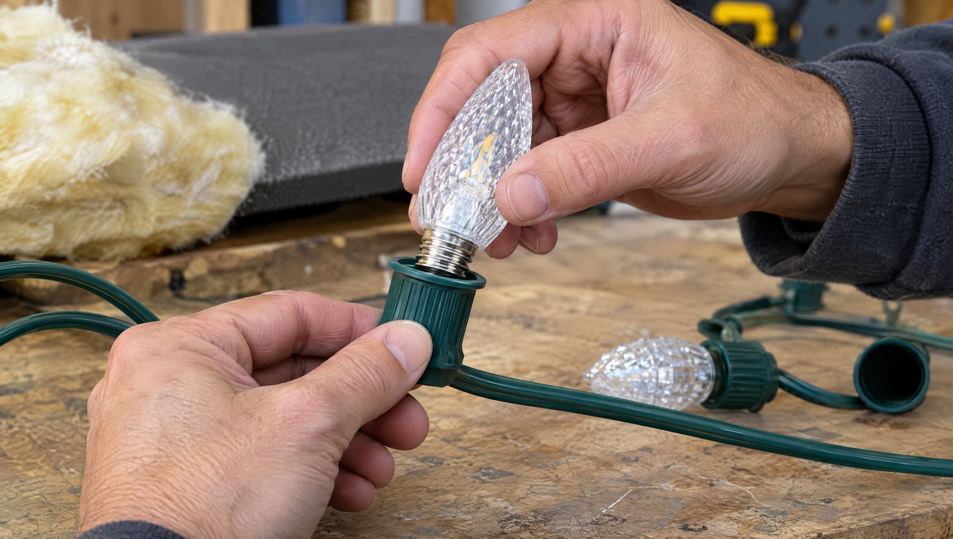 Hands screwing an LED C9 bulb into an older C9 socket cord on a workbench