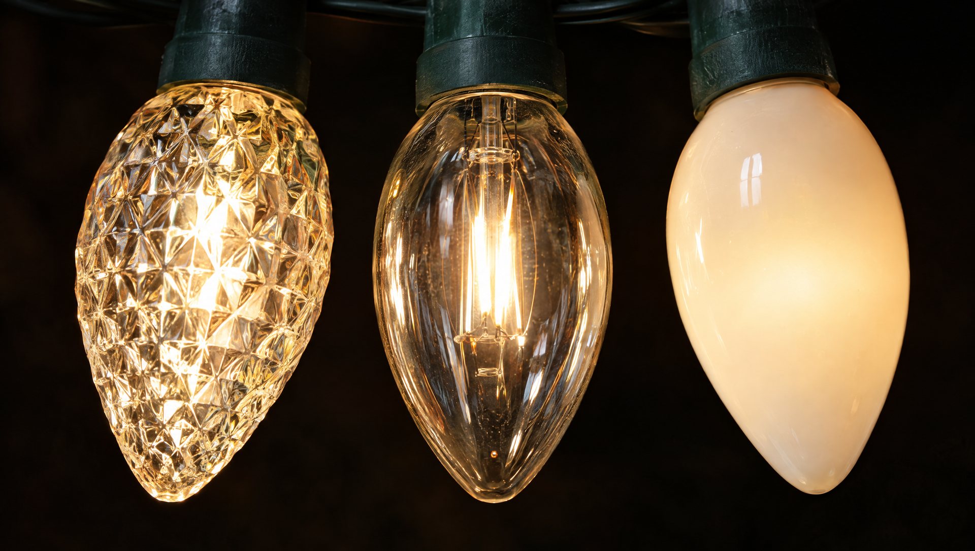 Faceted, smooth and opaque C9 Christmas light bulbs lit side by side at night