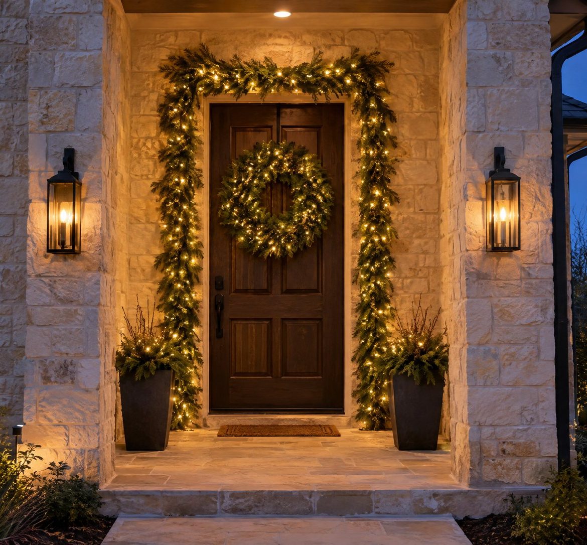 Front door framed with lit garland and a lit wreath at dusk