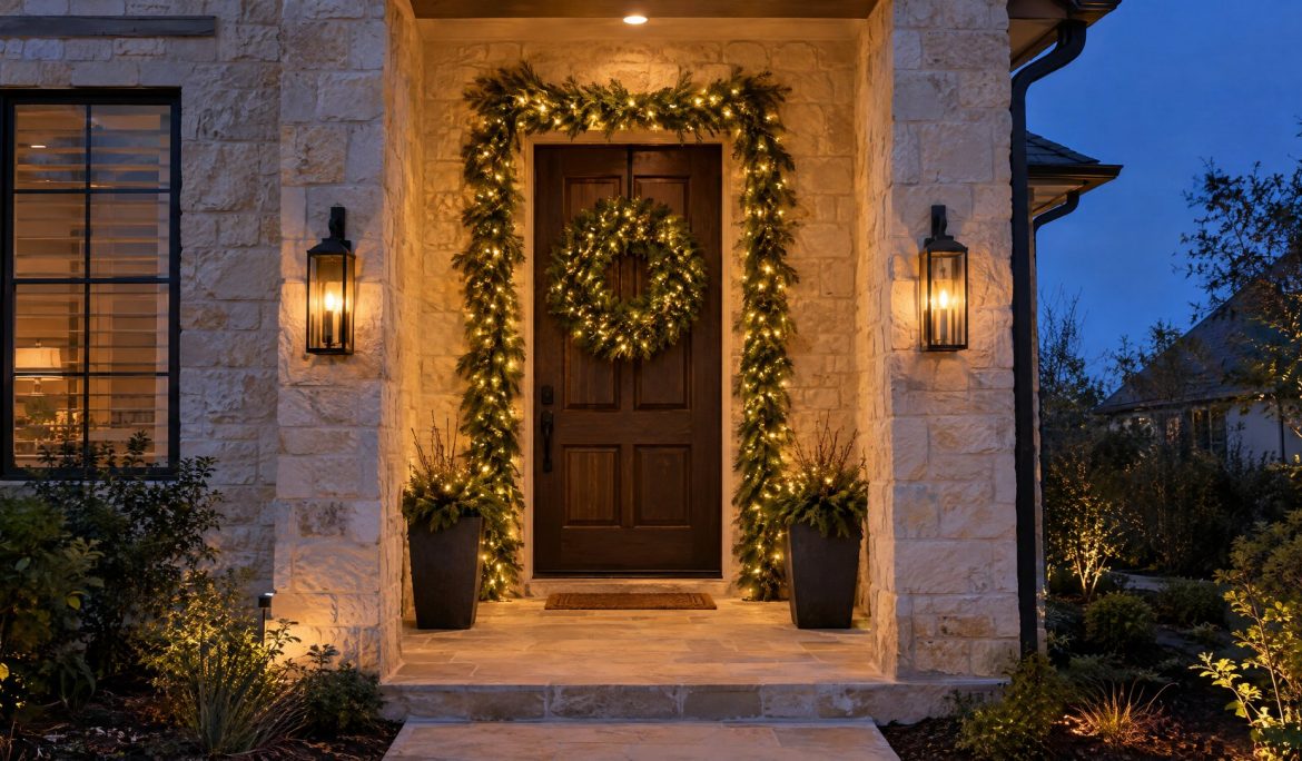 Front door framed with lit garland and a lit wreath at dusk