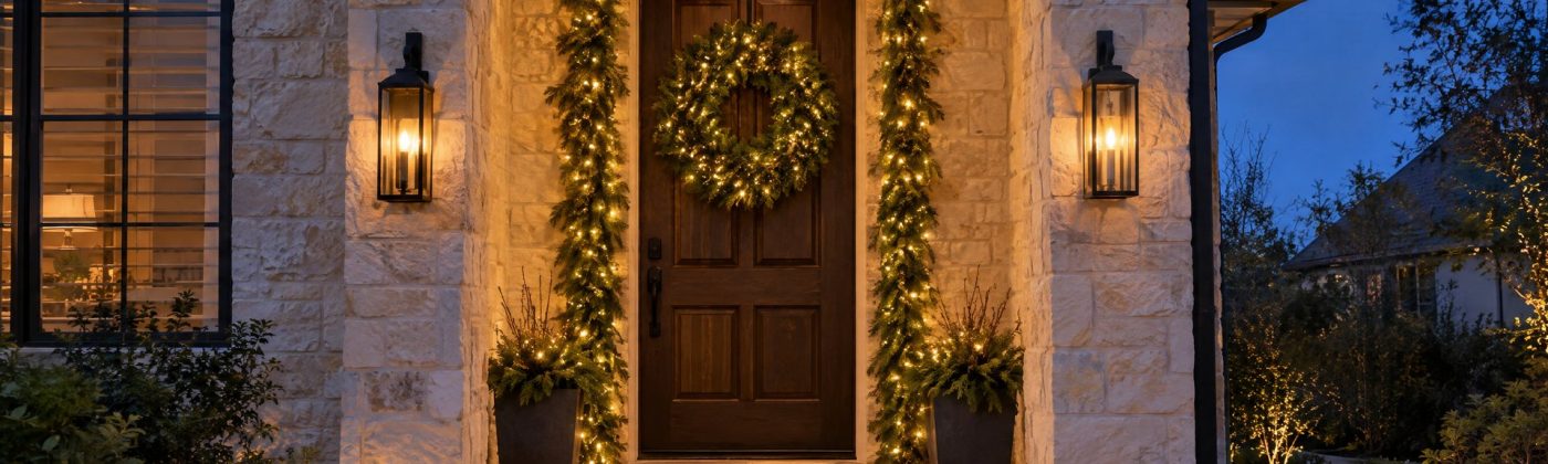 Front door framed with lit garland and a lit wreath at dusk