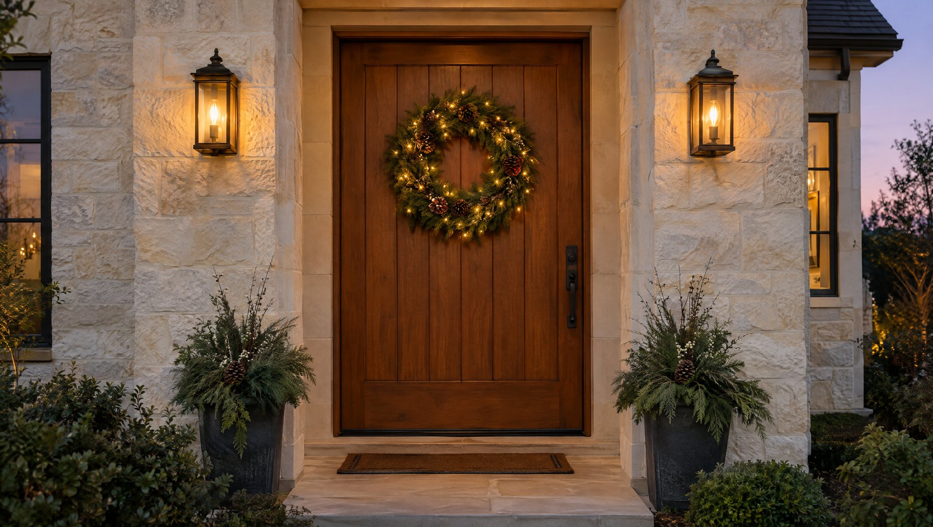 Lit wreath sized about two-thirds of the door width on a limestone home at dusk
