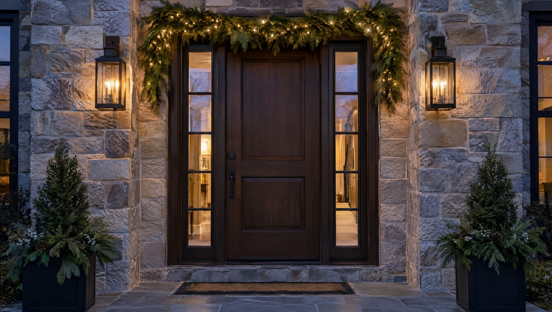 Lit garland top swag over a front door with sidelights at blue hour