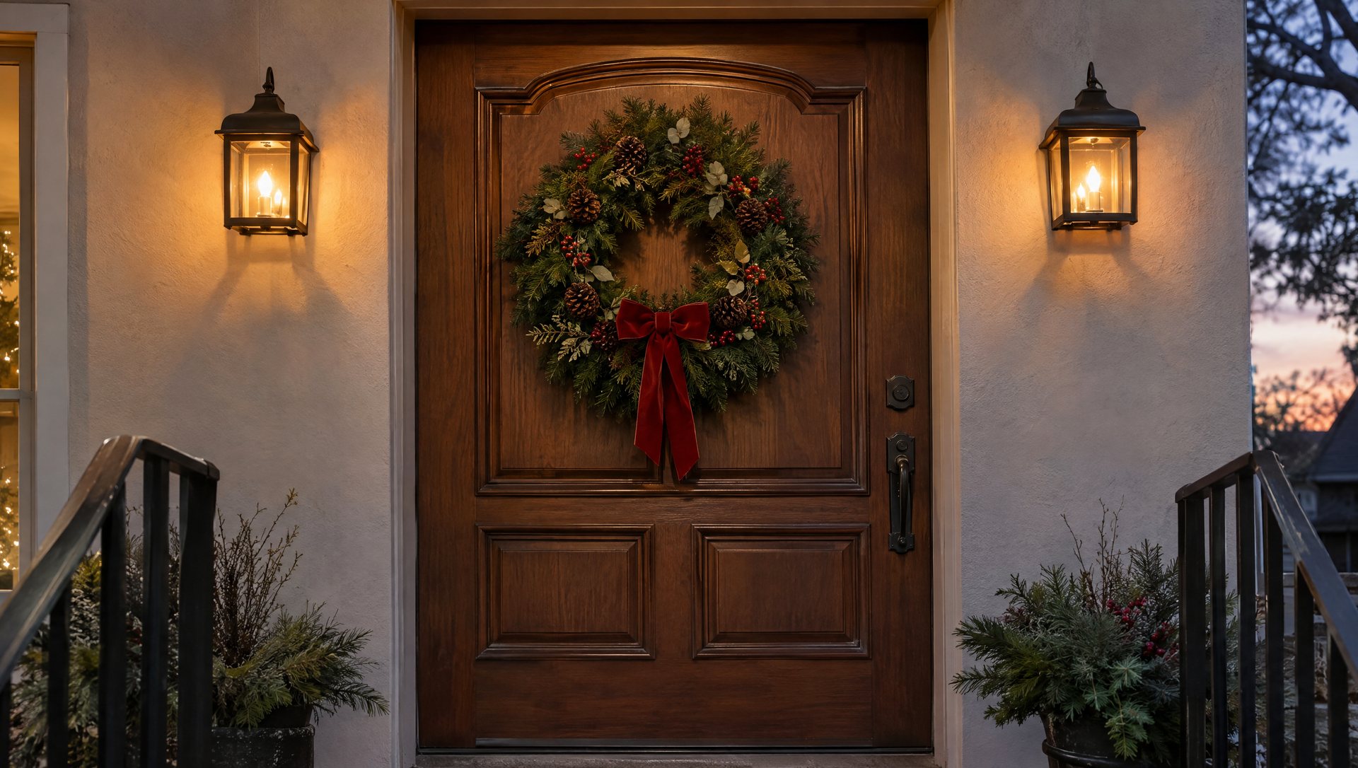 Lit wreath as the only decoration on an ornate wooden front door at dusk