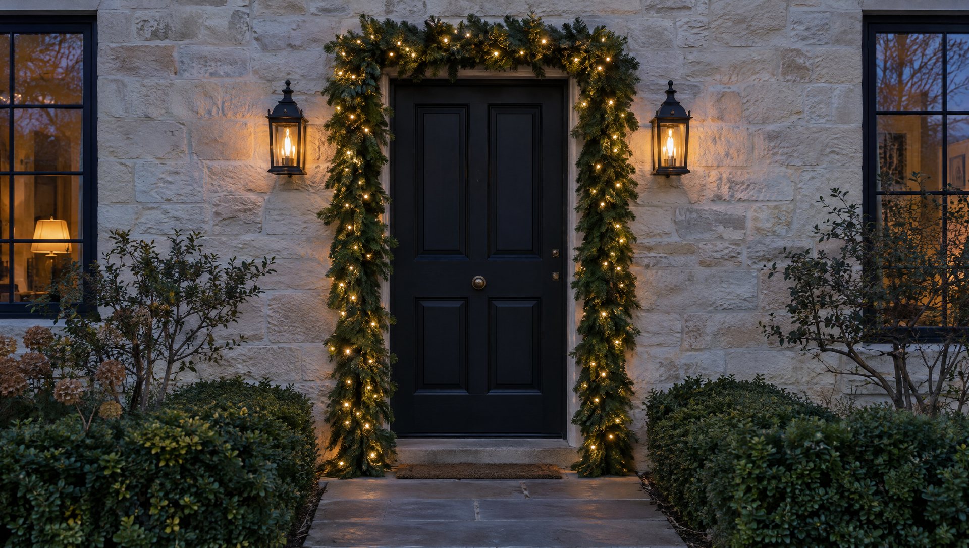 Dark front door framed by evenly lit garland on a pale limestone wall at blue hour