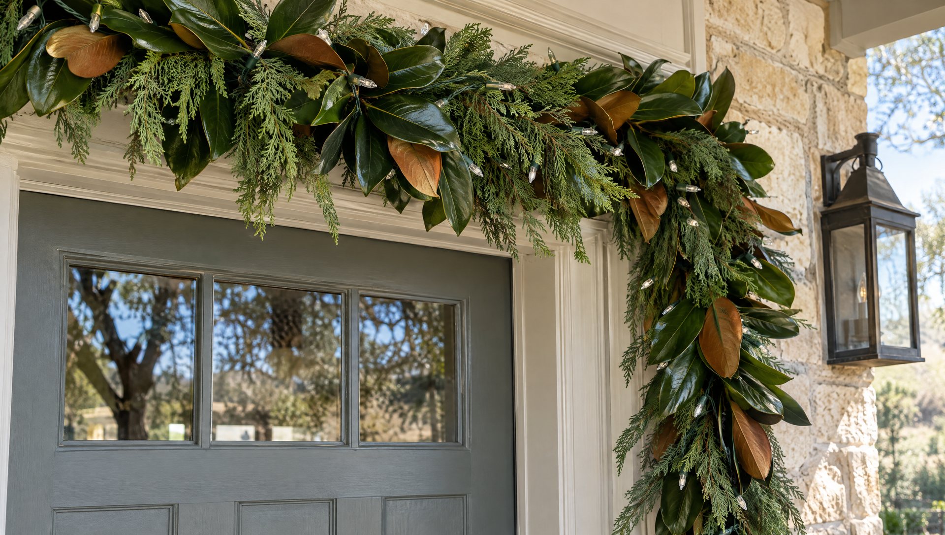 Fresh magnolia and cedar garland on the trim of a Texas front door in winter daylight