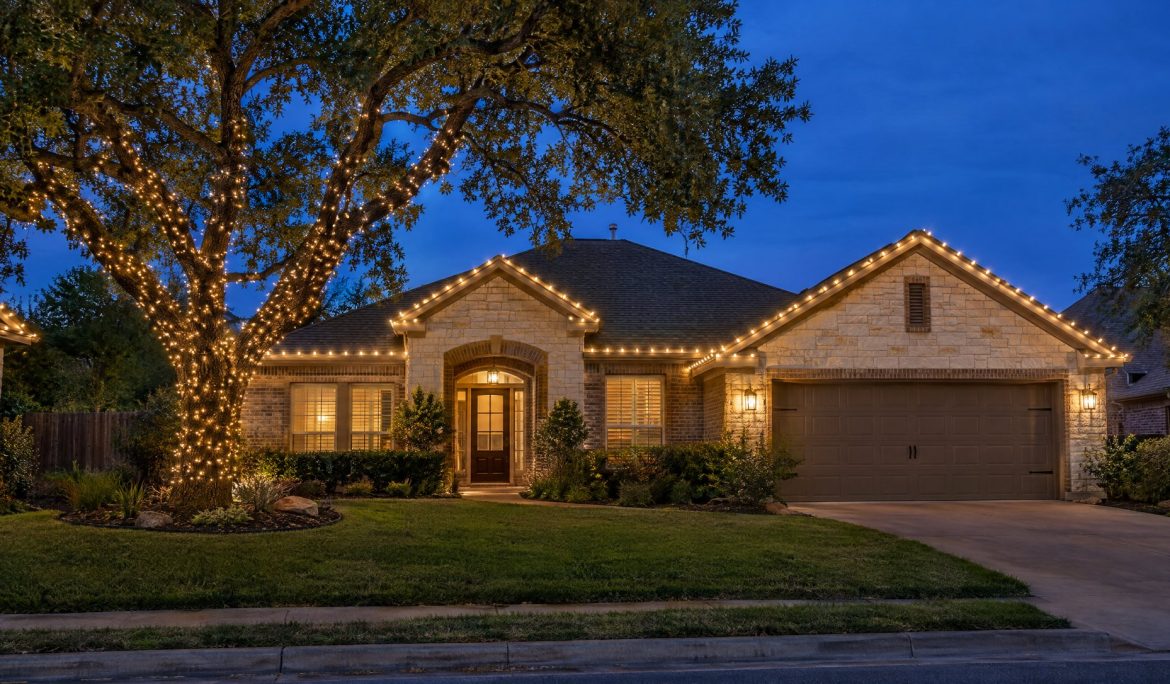 One-story Austin limestone and brick home at blue hour with warm white roofline lights and a wrapped live oak