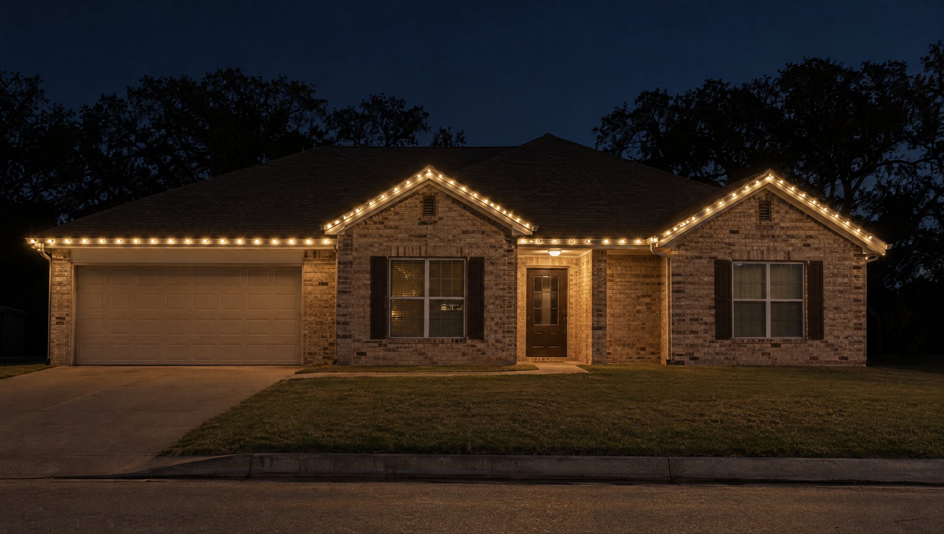 One-story brick home at night with warm white C9-style lights along the garage eave and two front gables