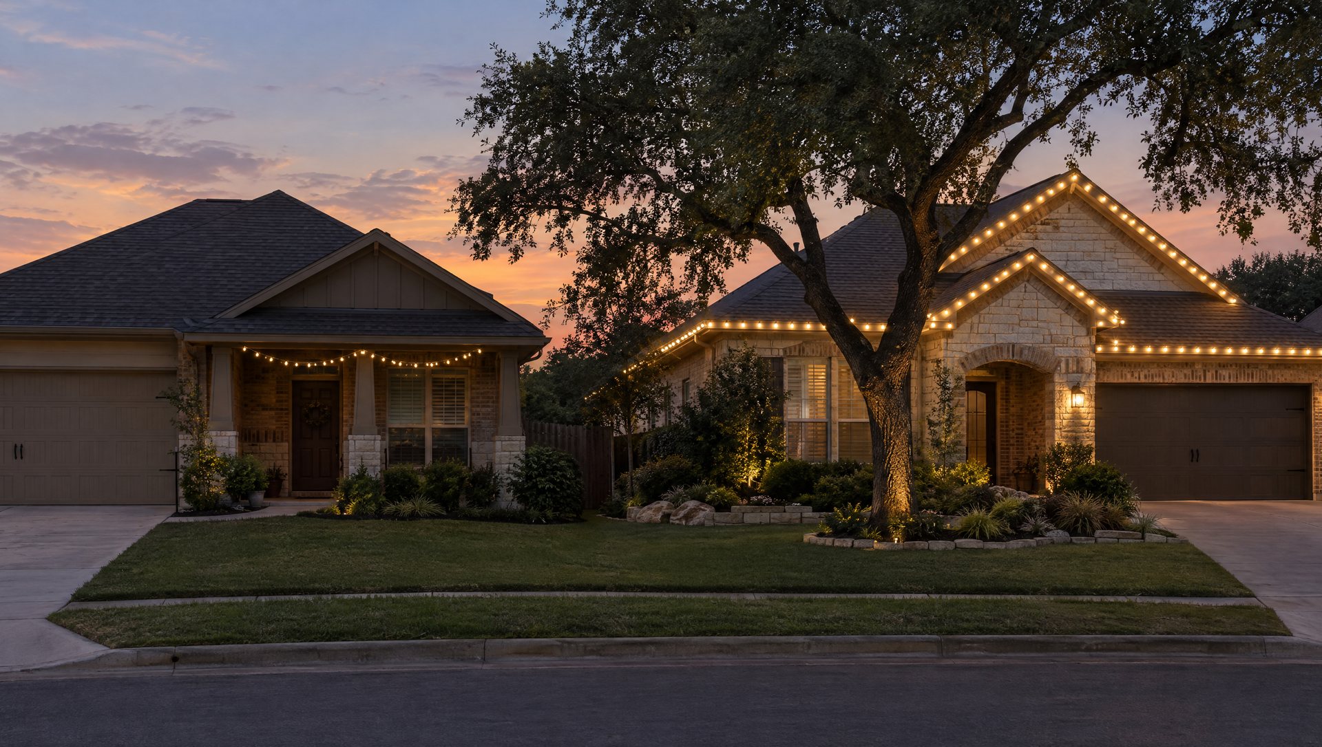 Two neighboring homes at dusk, one with a short strand of mini lights and one with a full warm white roofline