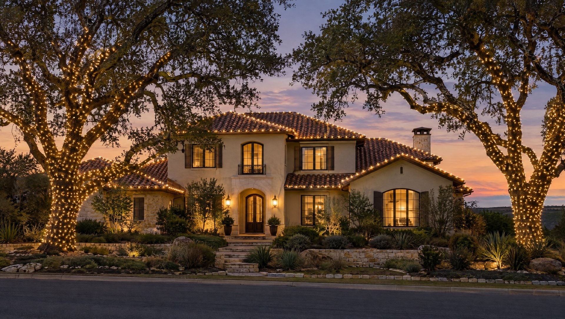 Two-story stucco home at dusk with roofline lights and two large trees wrapped in warm white lights