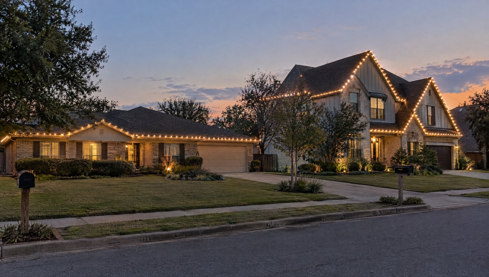 A one-story ranch beside a two-story home with several gables, both outlined in warm white lights
