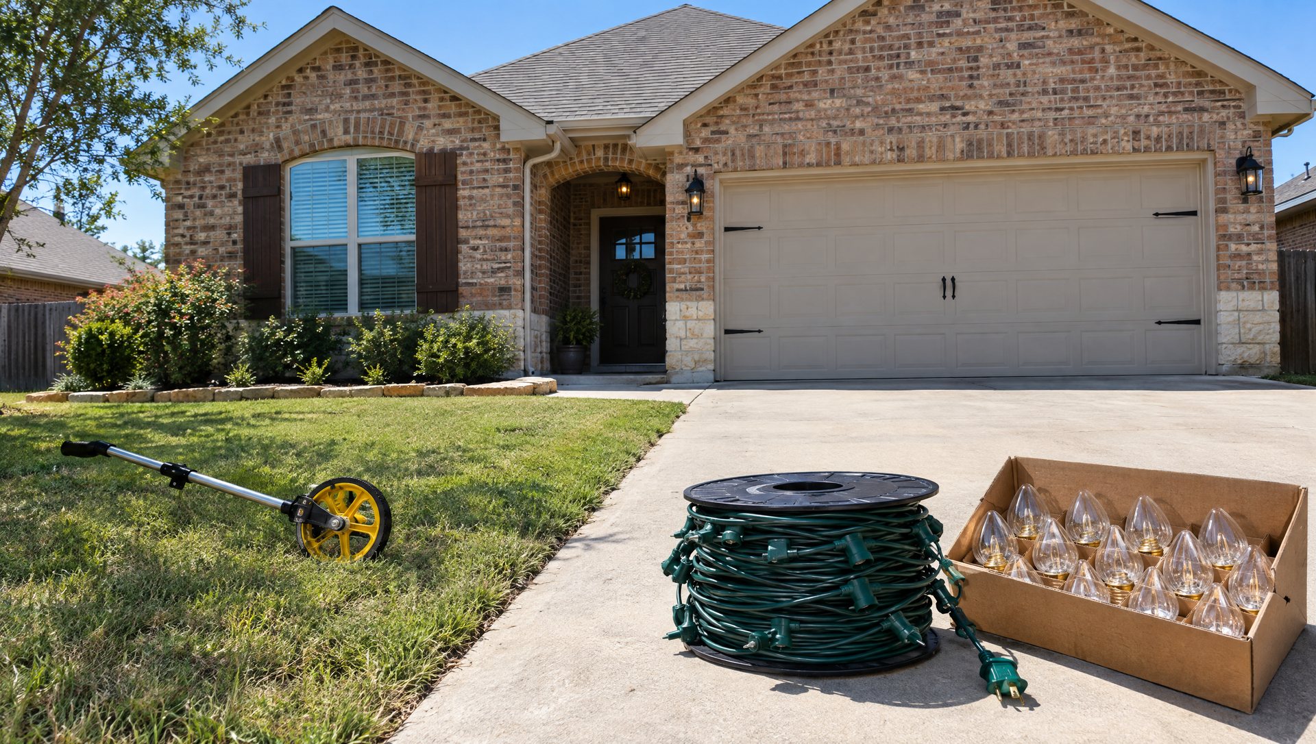 Spool of C9 light wire, bulbs and a measuring wheel on the driveway of a one-story house with two gables