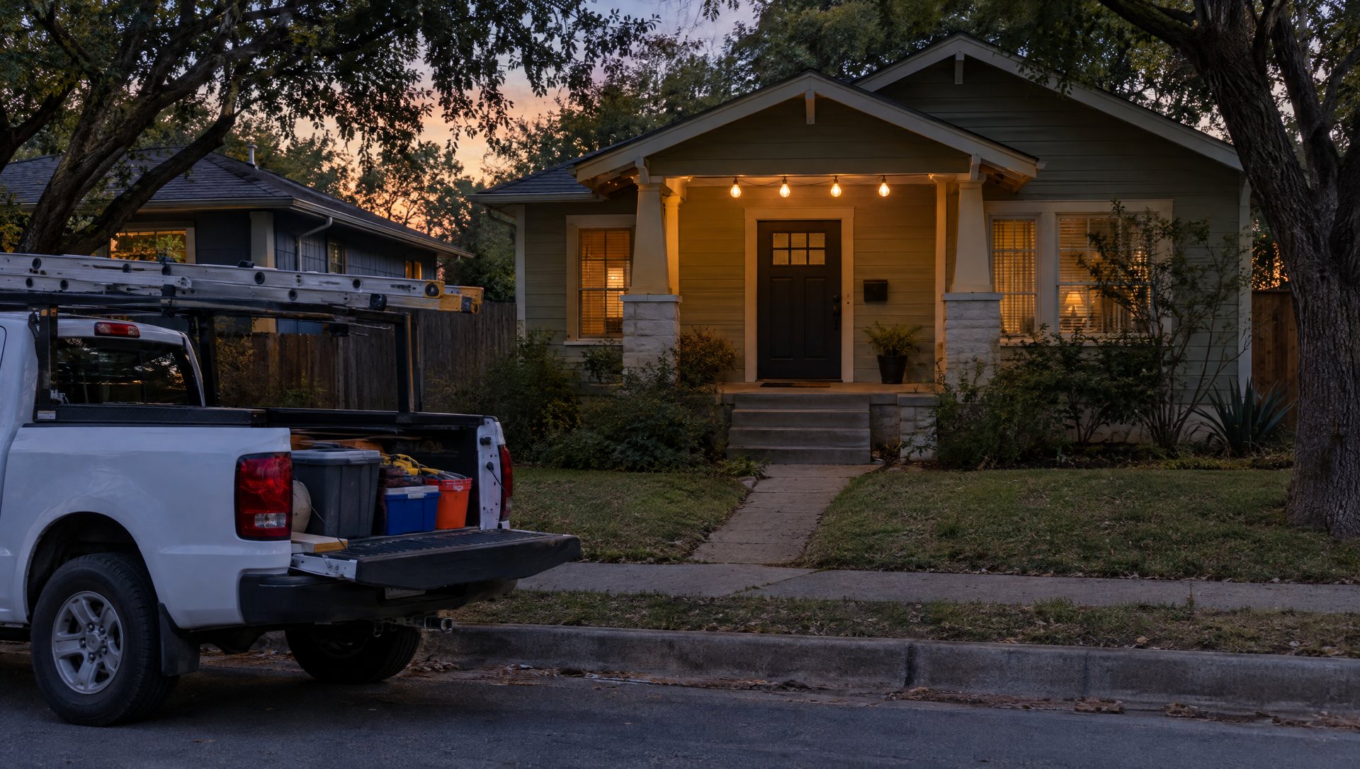 Short line of warm white bulbs over a bungalow's front door with a work truck at the curb
