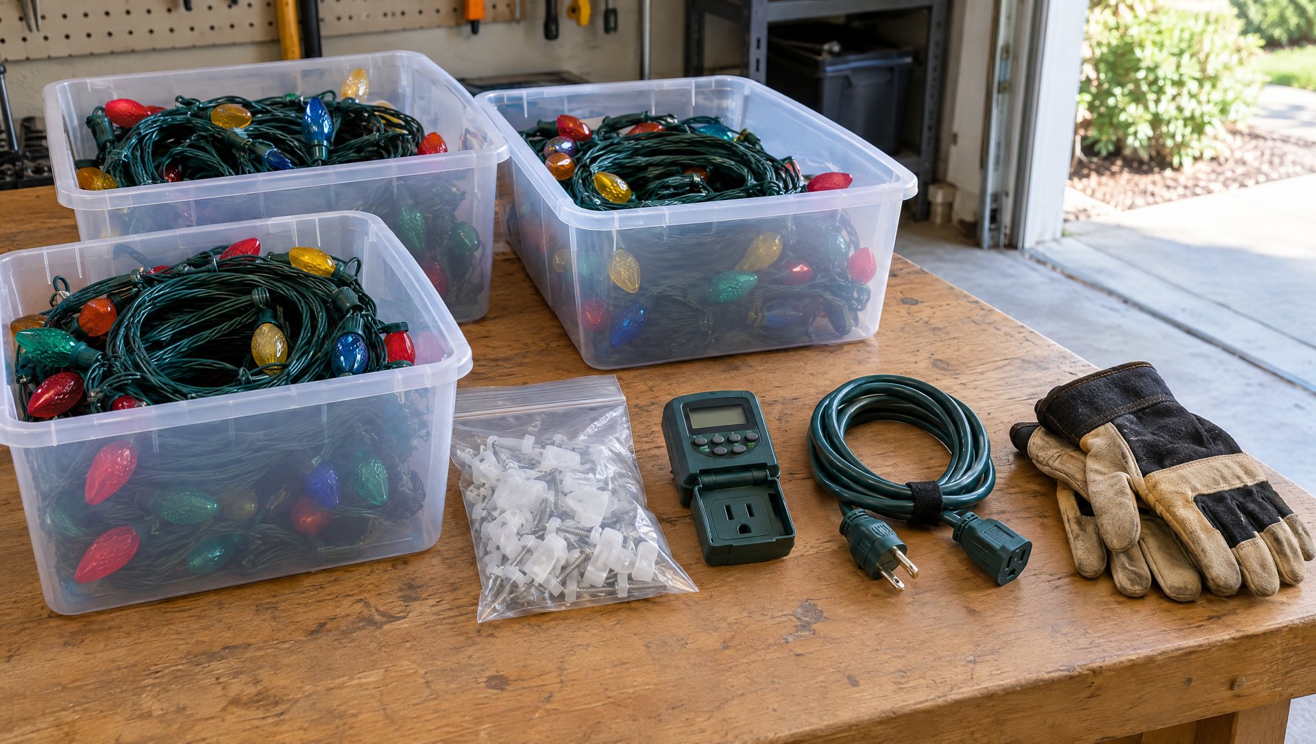 Storage bins of coiled lights, clips, a timer and a cord laid out on a garage workbench