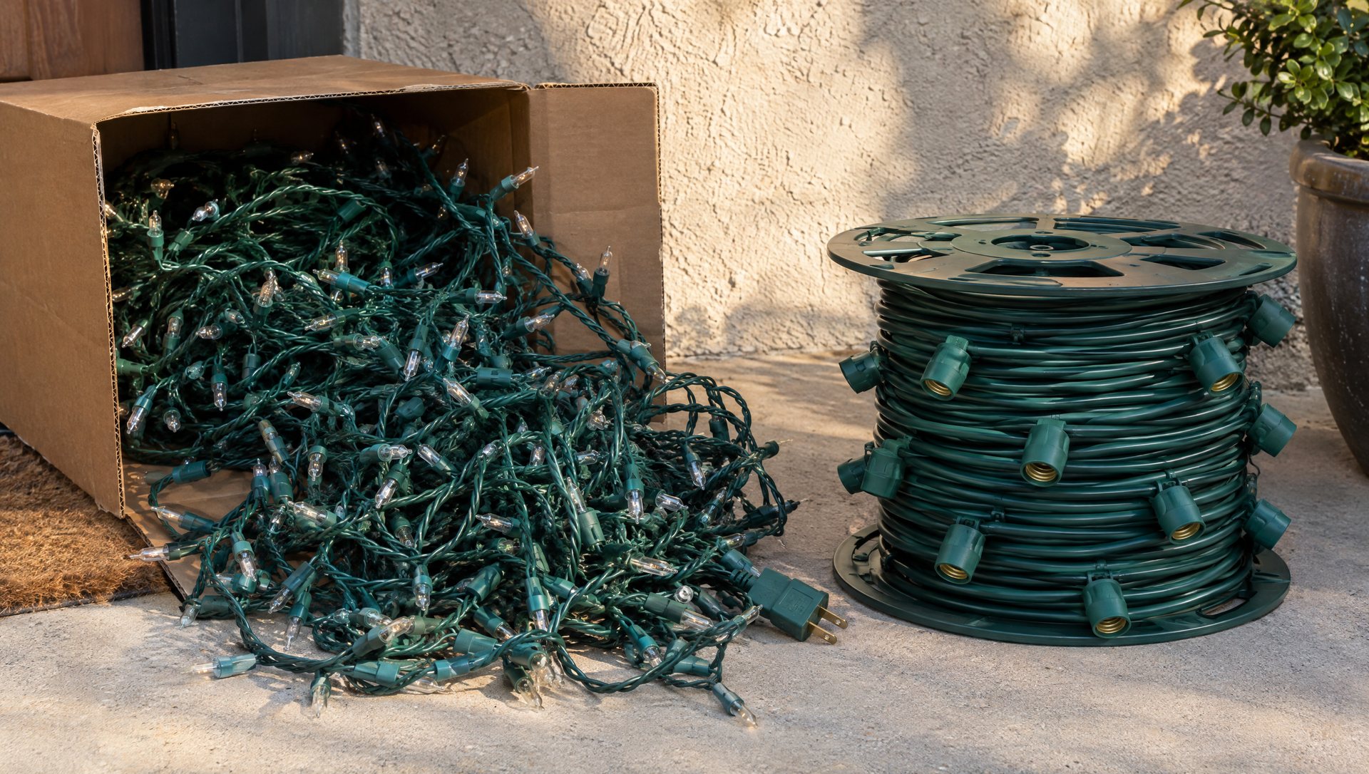 A tangled box of retail light strings next to a neat spool of pro-grade C9 wire on a porch