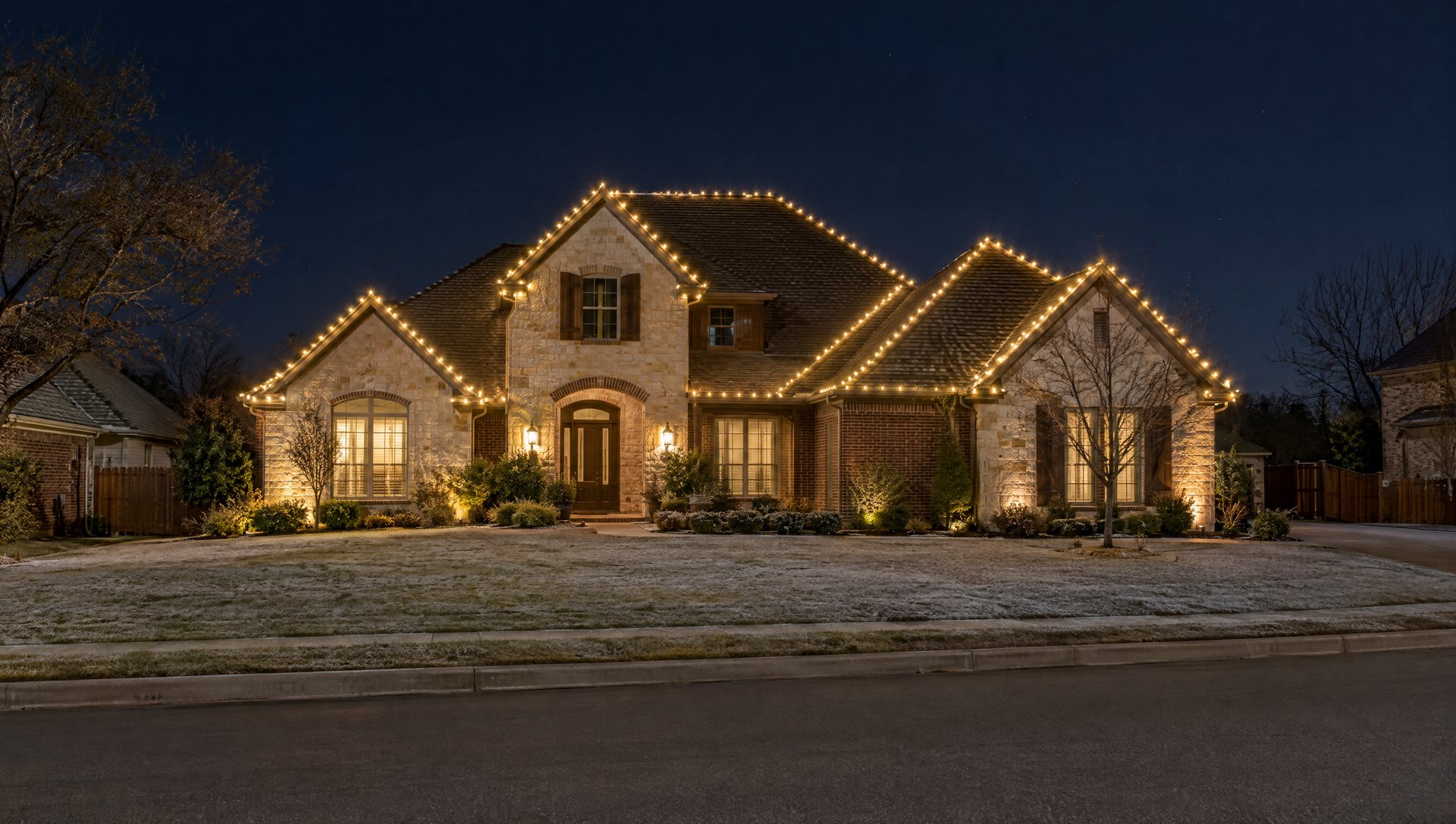 Limestone and brick home at night with a warm white roofline display on a calm street