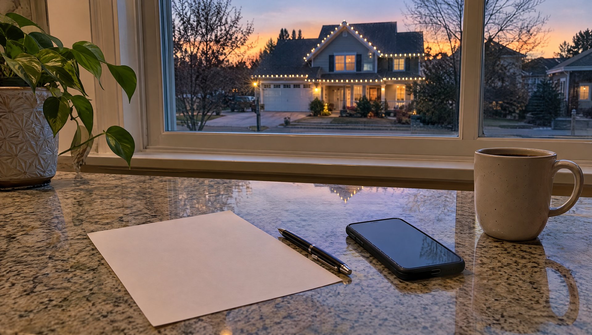 A face-down paper quote, pen and phone on a kitchen counter with lit homes visible through the window