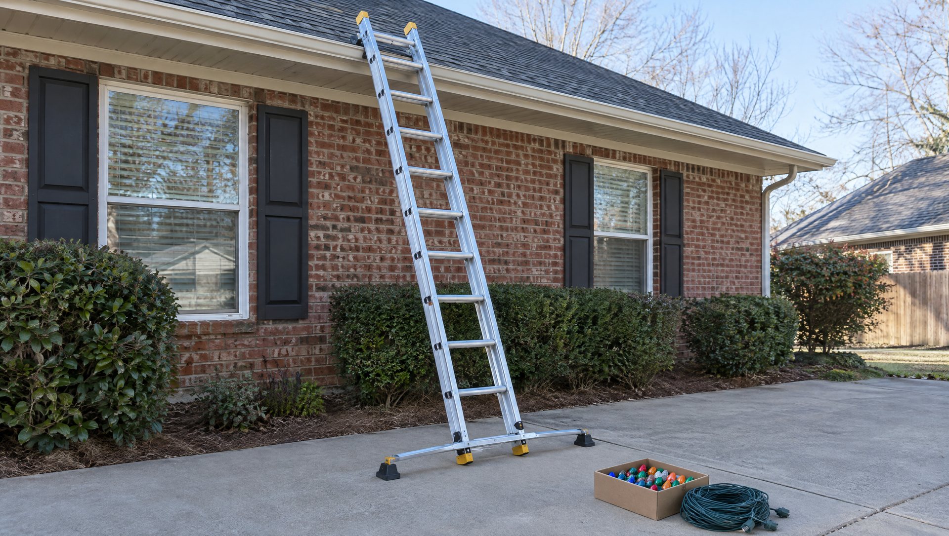 Extension ladder with a stabilizer against a one-story eave, with bulbs and light wire on the ground