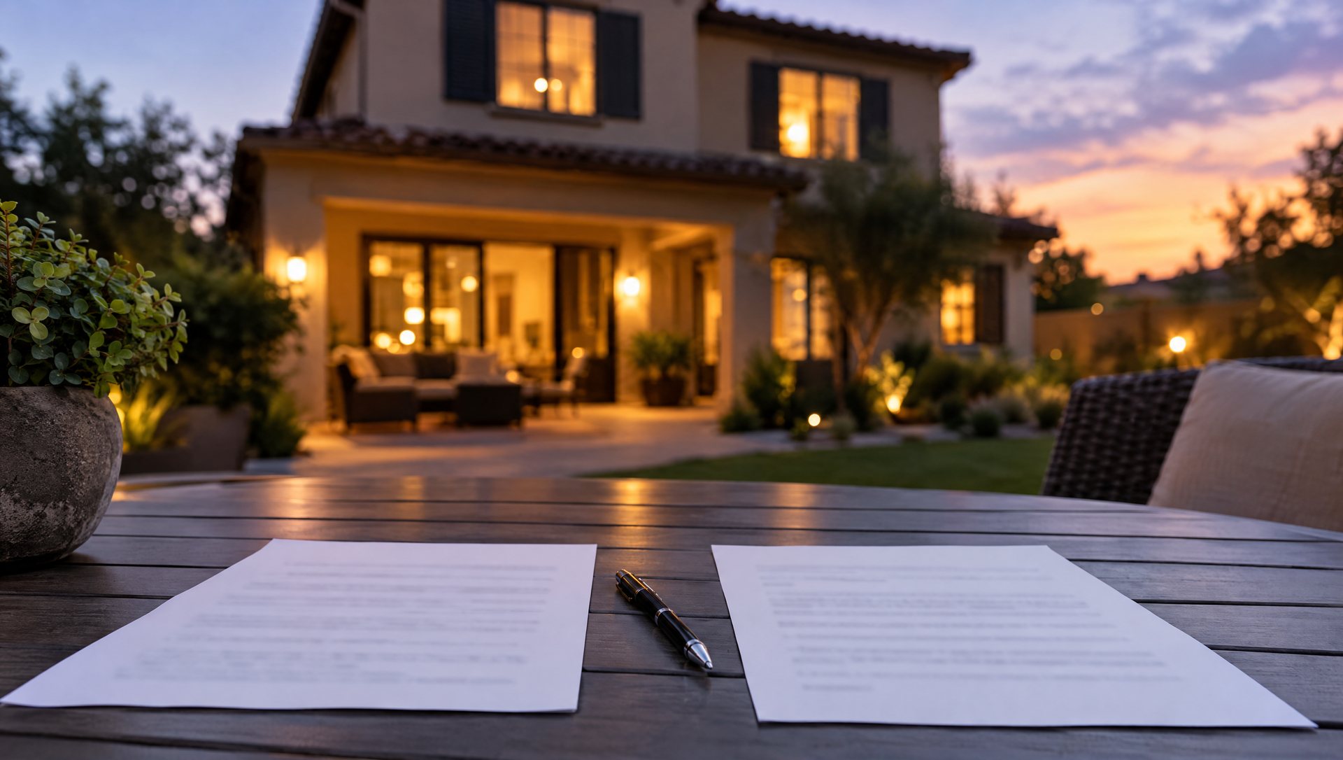 Two printed quote sheets side by side on a patio table at dusk