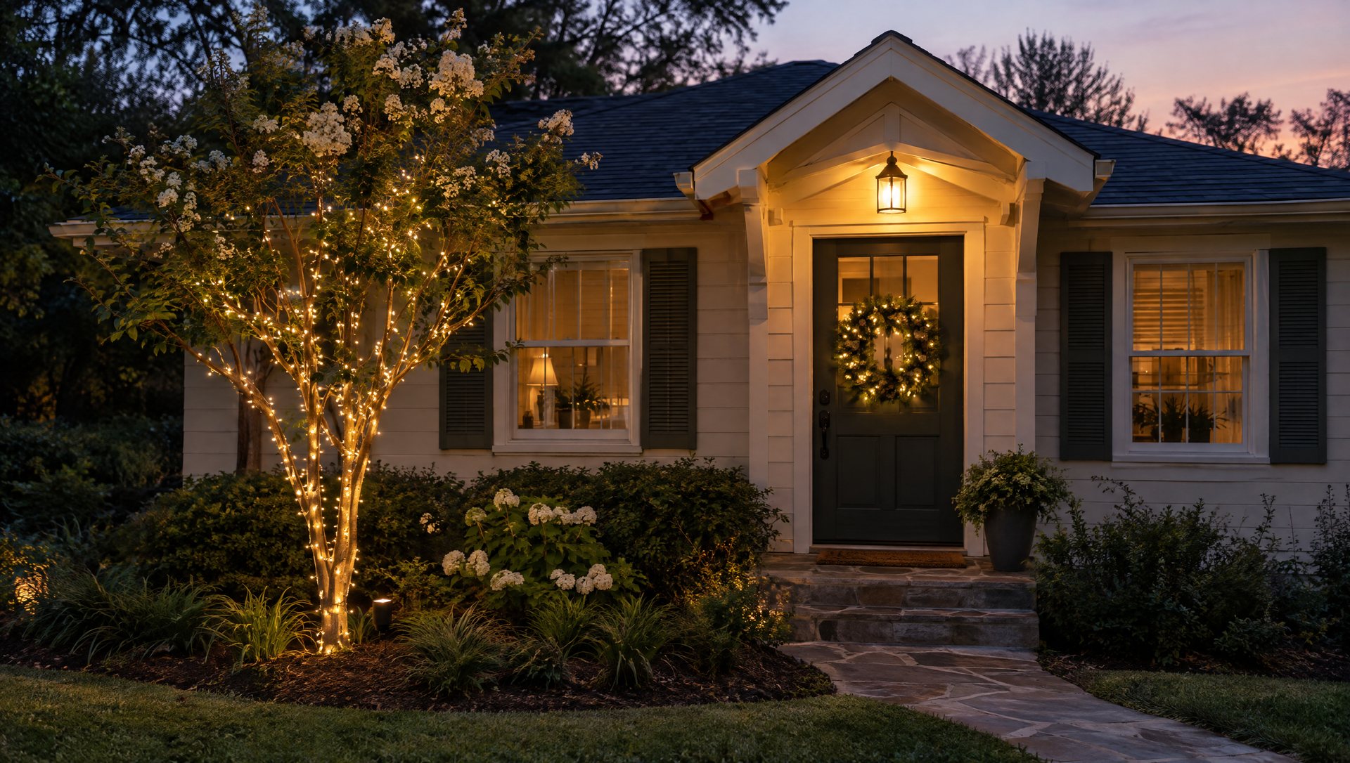 Cottage entry at dusk with a lit doorway, wreath and one wrapped crape myrtle