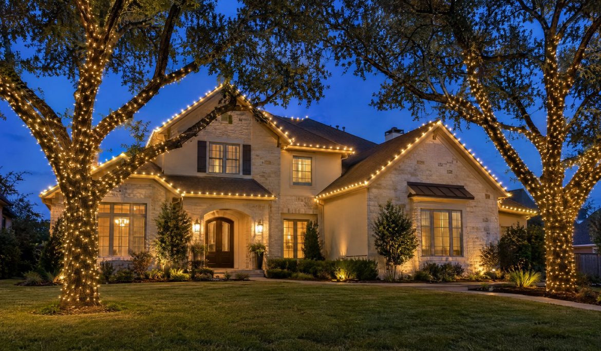 Two-story Austin home at blue hour with lit rooflines and two live oaks wrapped in warm white lights.