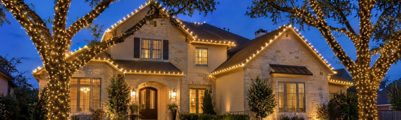 Two-story Austin home at blue hour with lit rooflines and two live oaks wrapped in warm white lights.
