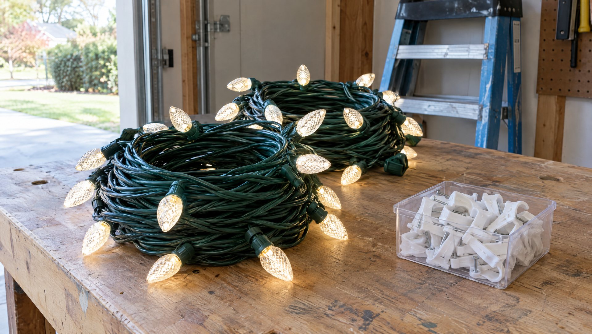 Coiled C9 light strands and a box of gutter clips on a garage workbench.