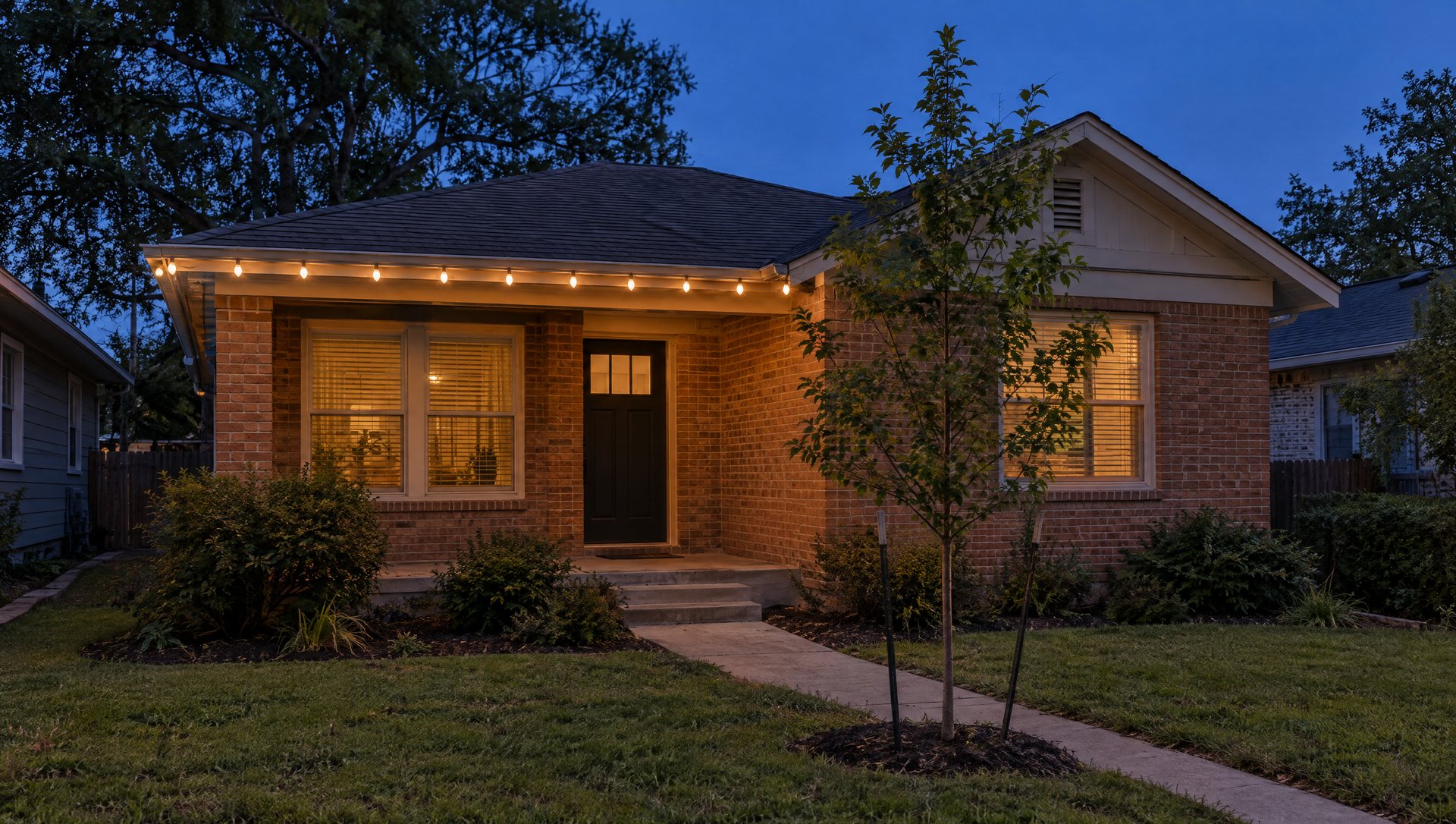 Small brick bungalow at dusk with one short run of warm white bulbs along the front gutter.