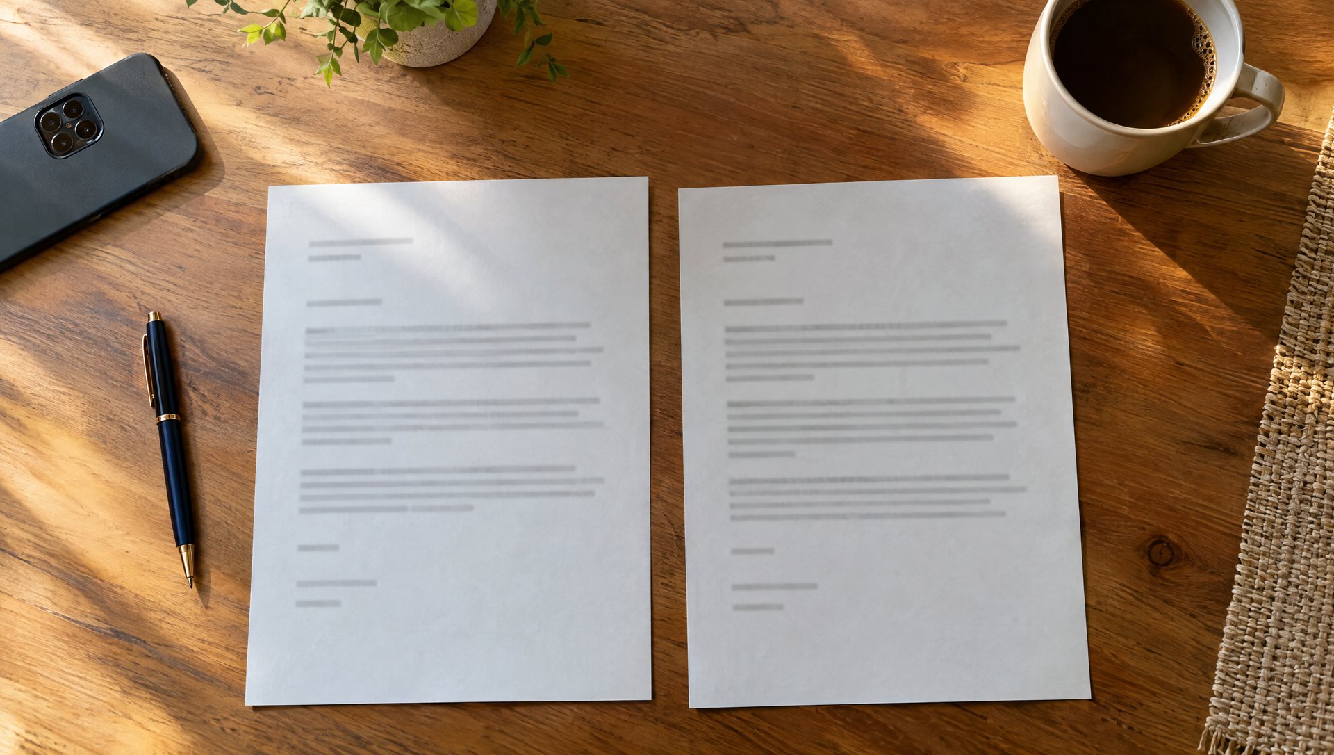Two printed quotes side by side on a kitchen table with a pen and coffee mug.