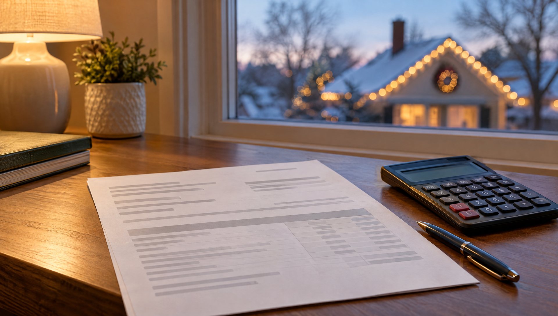 Printed sheet, calculator and pen on a desk with a lit roofline blurred in the window behind.