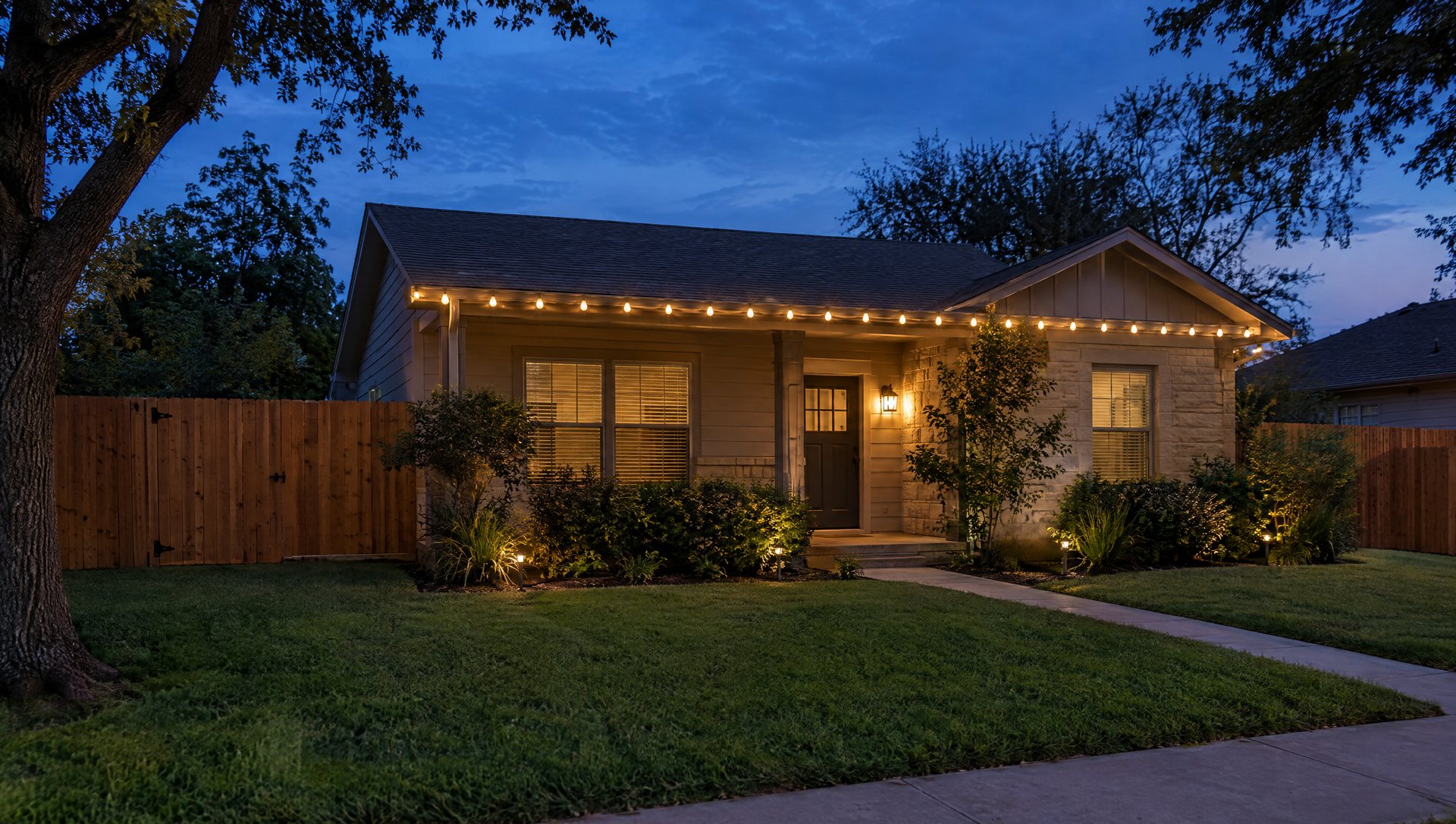 One-story home at blue hour with a single straight line of warm white bulbs on the front gutter.