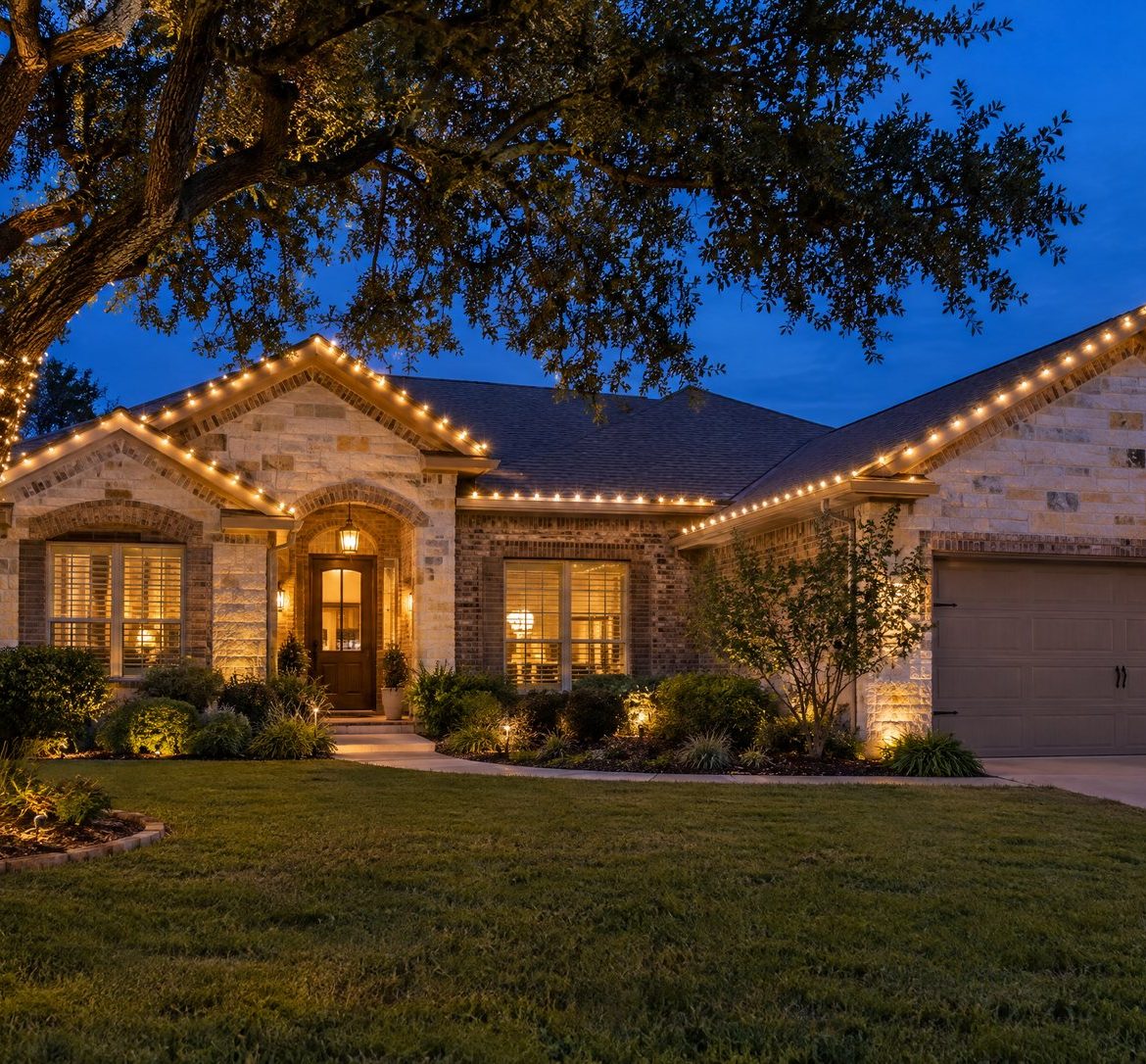 One-story limestone home at blue hour with warm white roofline lights and a wrapped live oak trunk.
