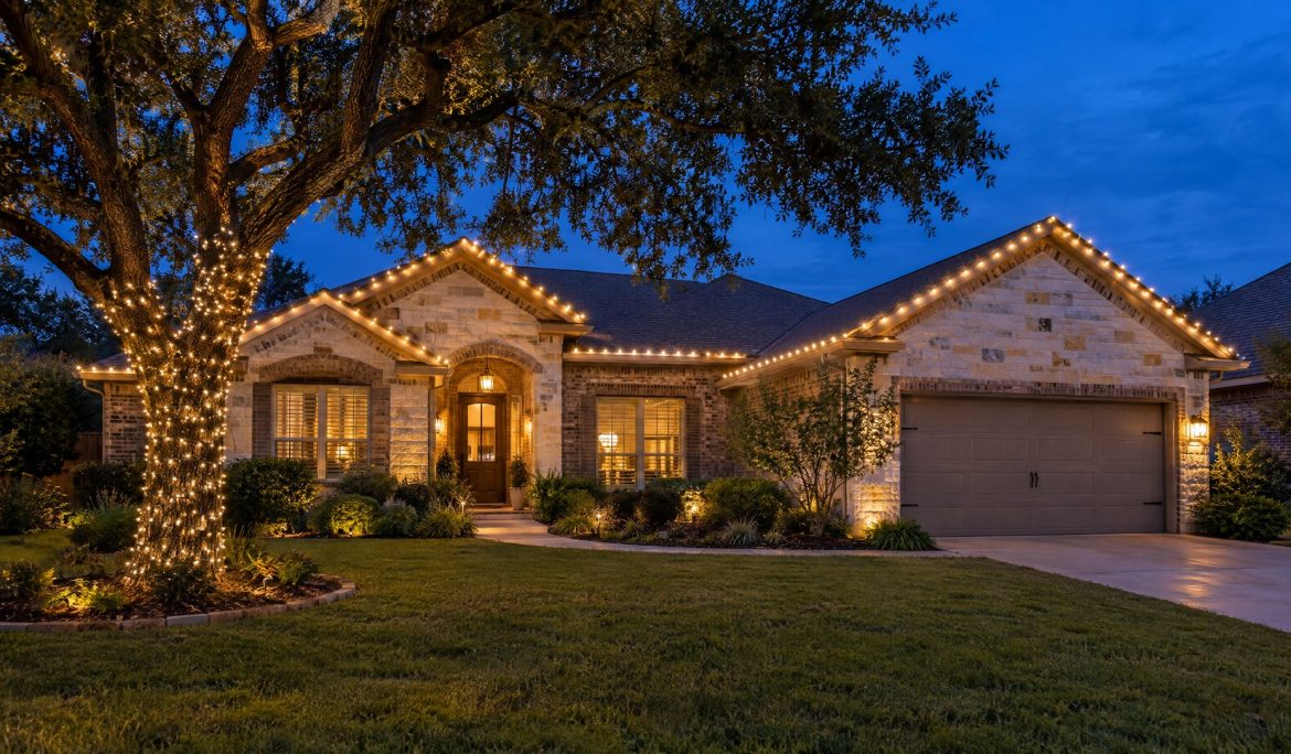 One-story limestone home at blue hour with warm white roofline lights and a wrapped live oak trunk.