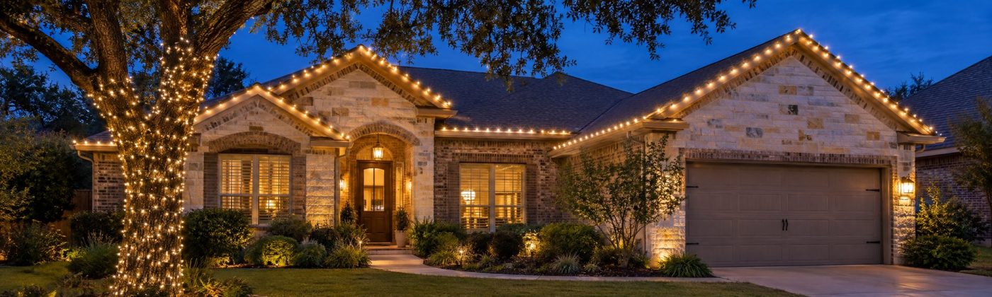 One-story limestone home at blue hour with warm white roofline lights and a wrapped live oak trunk.
