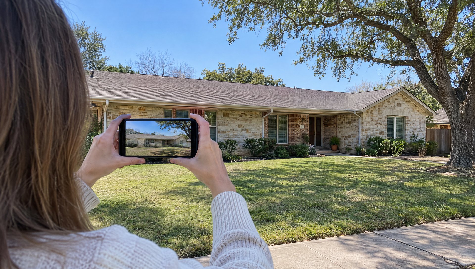 A homeowner on the sidewalk framing a one-story limestone house with a phone held sideways.