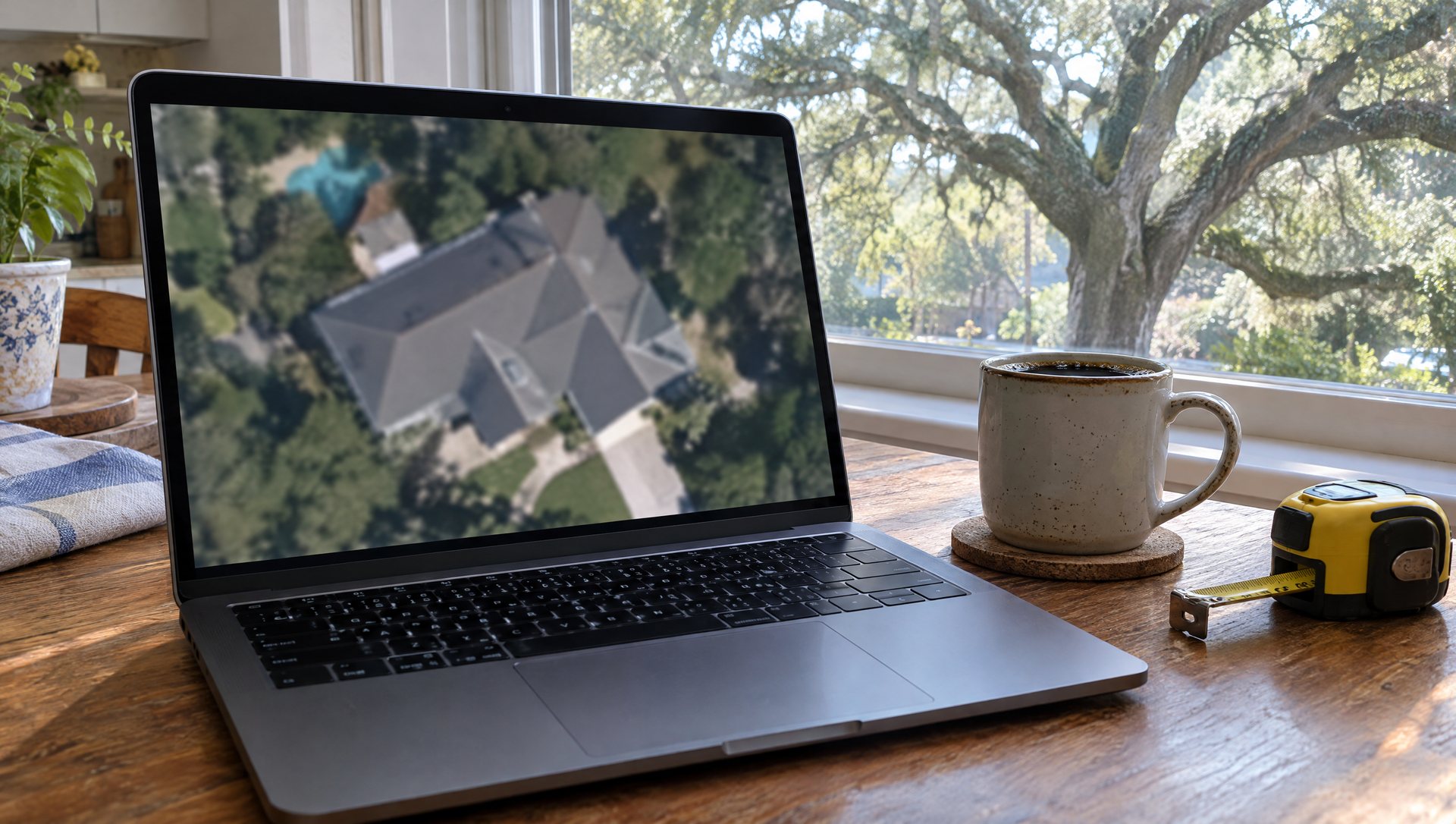 A laptop showing a blurred aerial view of a roof, next to a tape measure on a kitchen table.