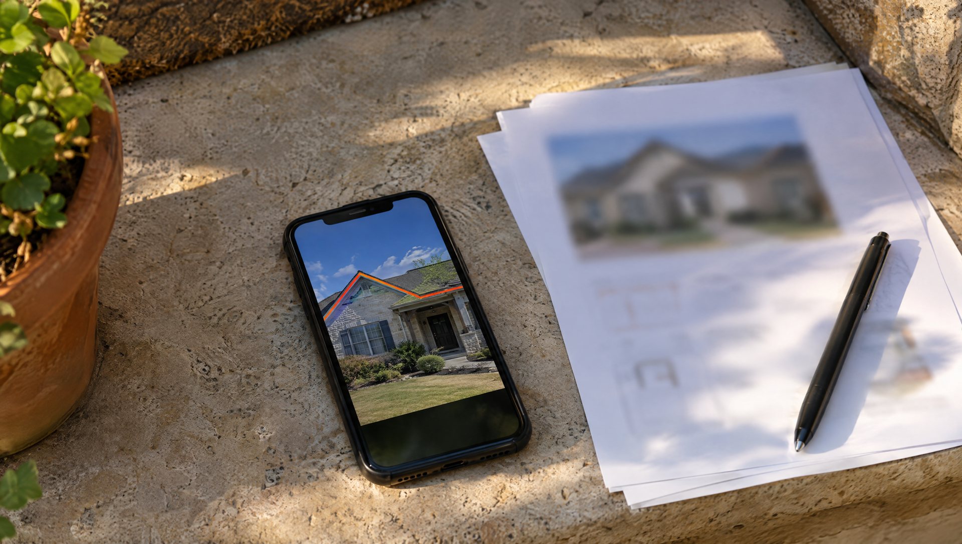 A phone showing a house photo with the roofline marked, beside a blurred written scope on a porch step.
