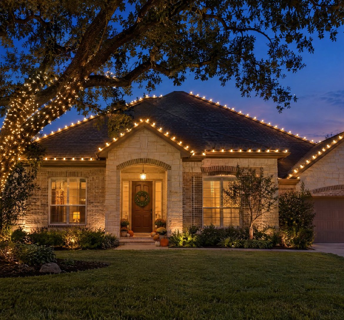 A limestone home at blue hour with warm white roofline lights, a wrapped live oak and pumpkins on the porch steps before Thanksgiving.