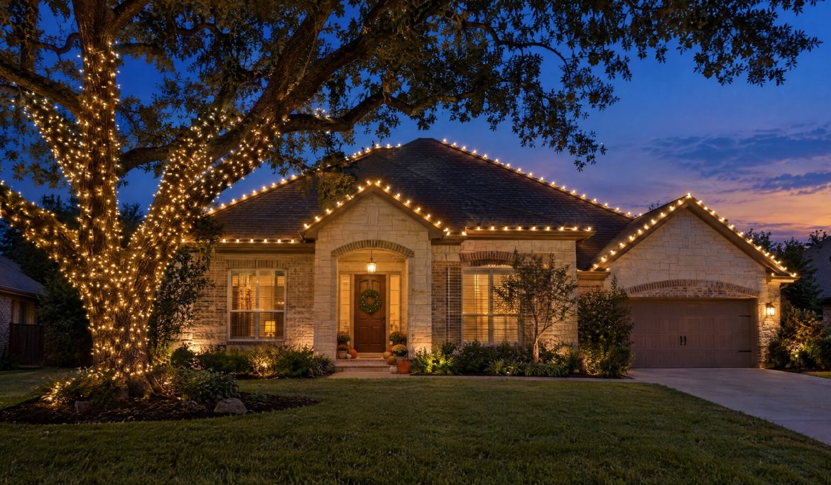 A limestone home at blue hour with warm white roofline lights, a wrapped live oak and pumpkins on the porch steps before Thanksgiving.
