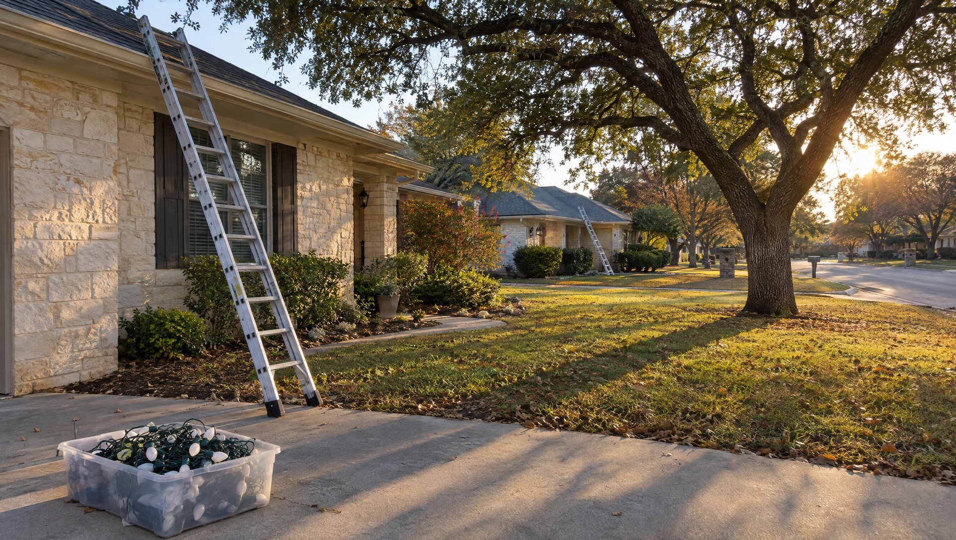 A ladder against a limestone house eave with bins of unlit Christmas bulbs on the driveway on a November afternoon.