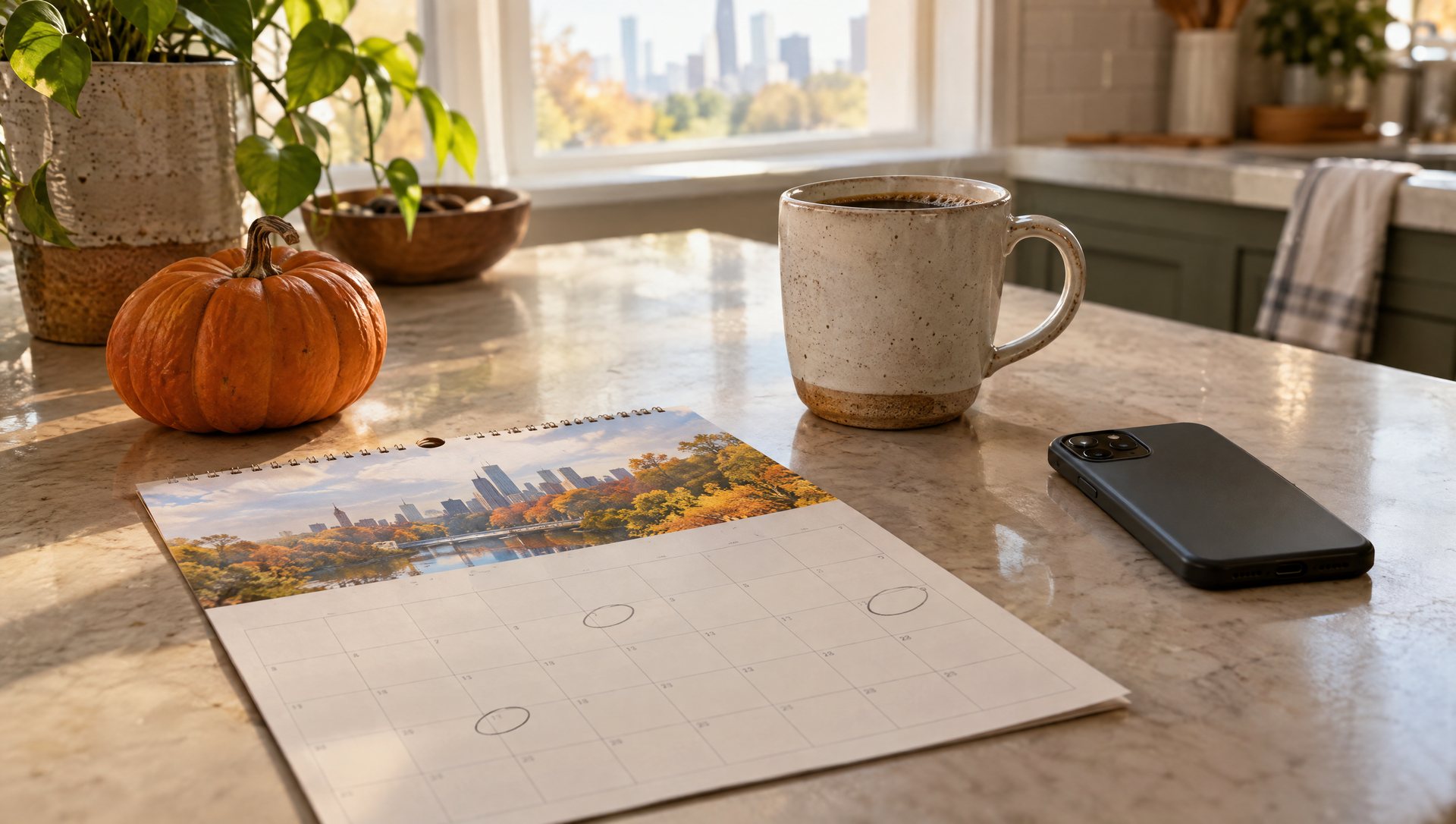 A November calendar with a few circled days on a kitchen counter beside a phone, coffee and a small pumpkin.