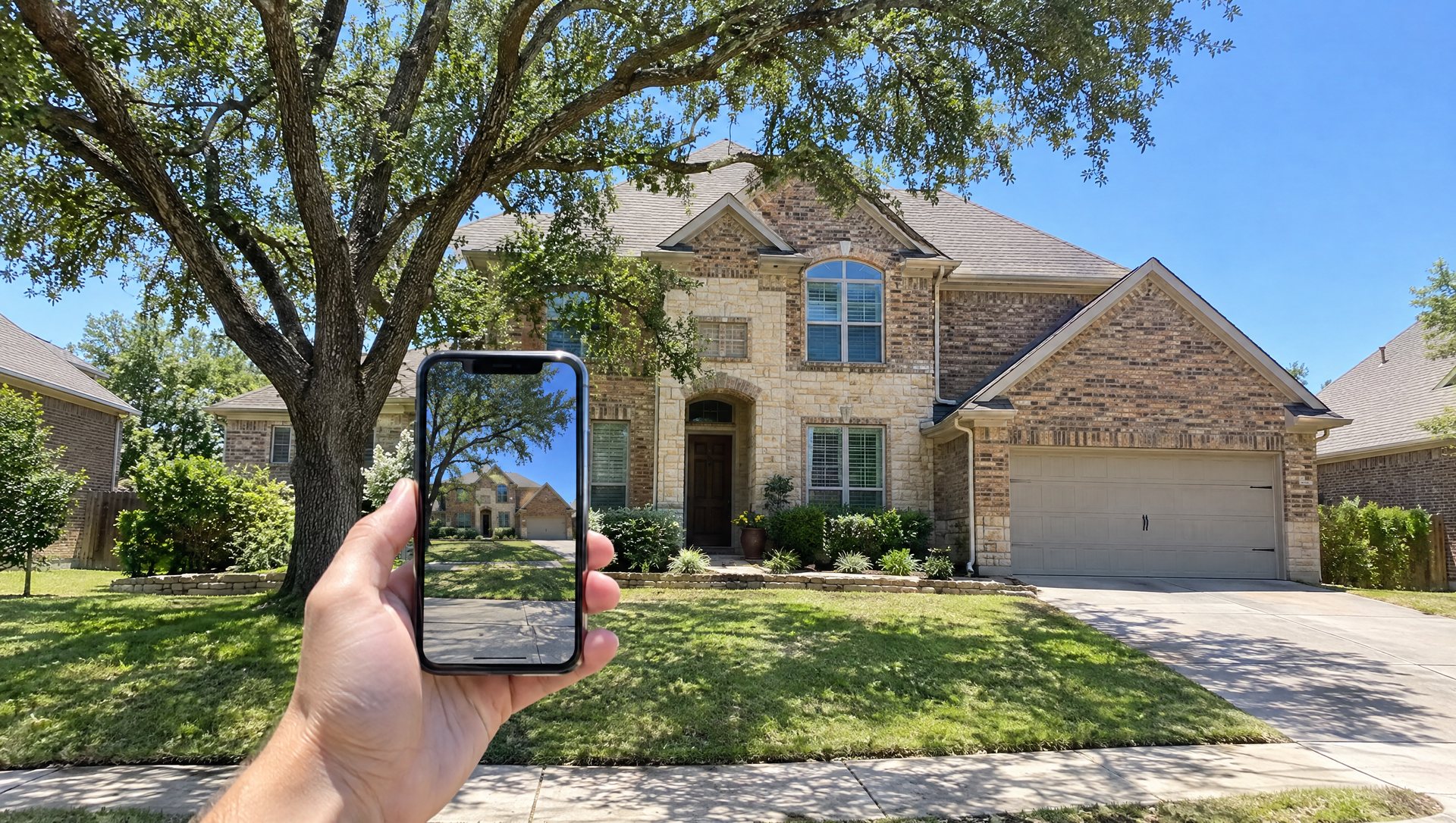 A hand holding a phone up to photograph a two-story brick house and live oak from the street in daylight.