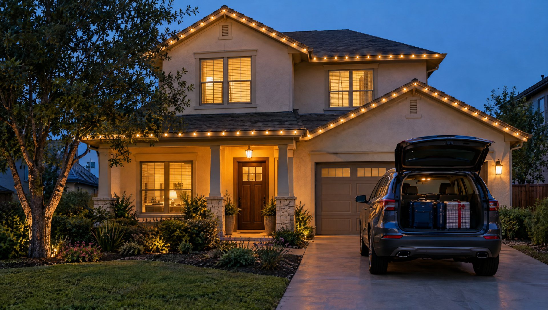 A stucco home at blue hour with warm white roofline lights and a car with luggage in the driveway.